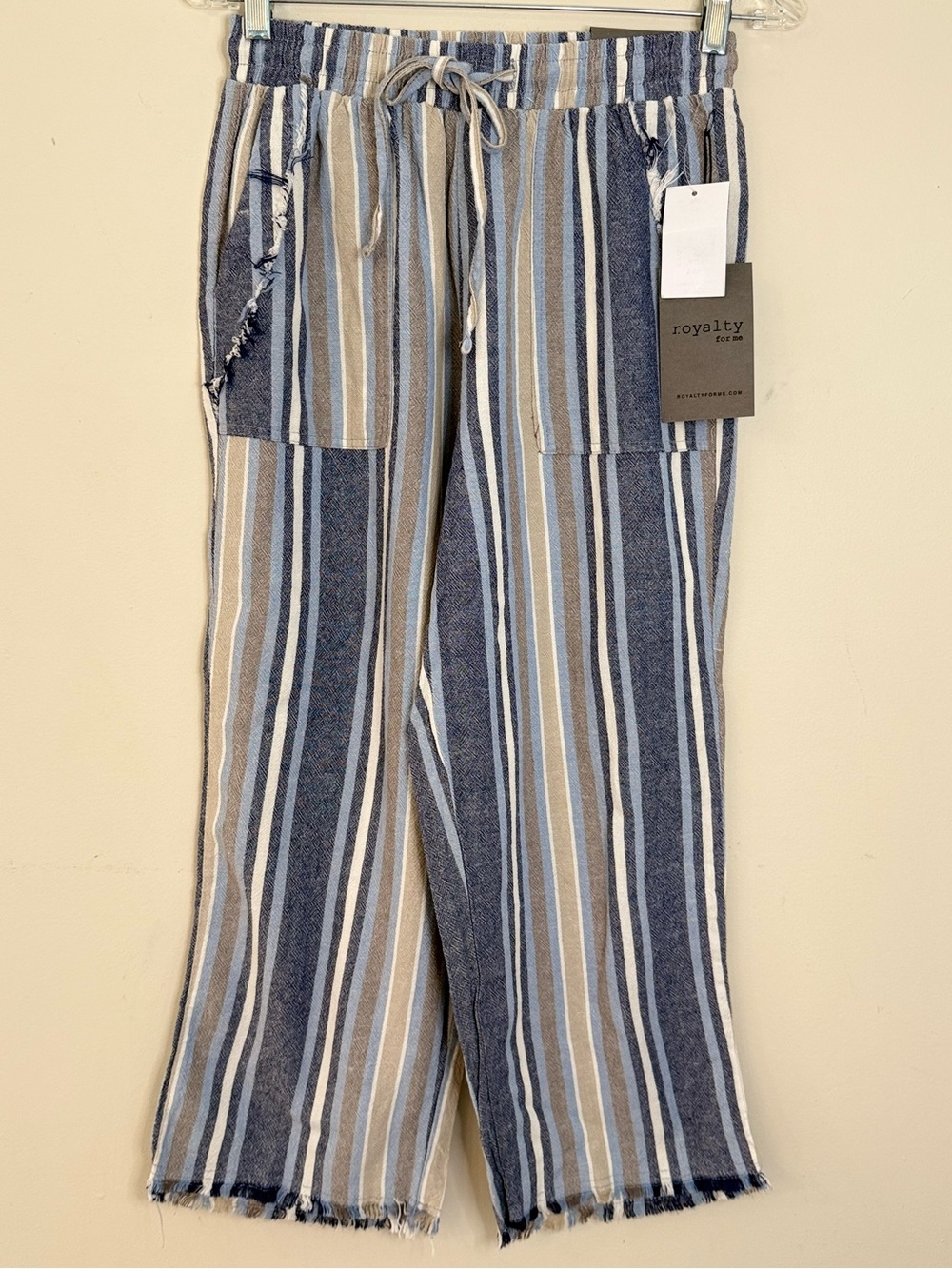 Royalty for Me linen blend striped crop pants blue tan white SM